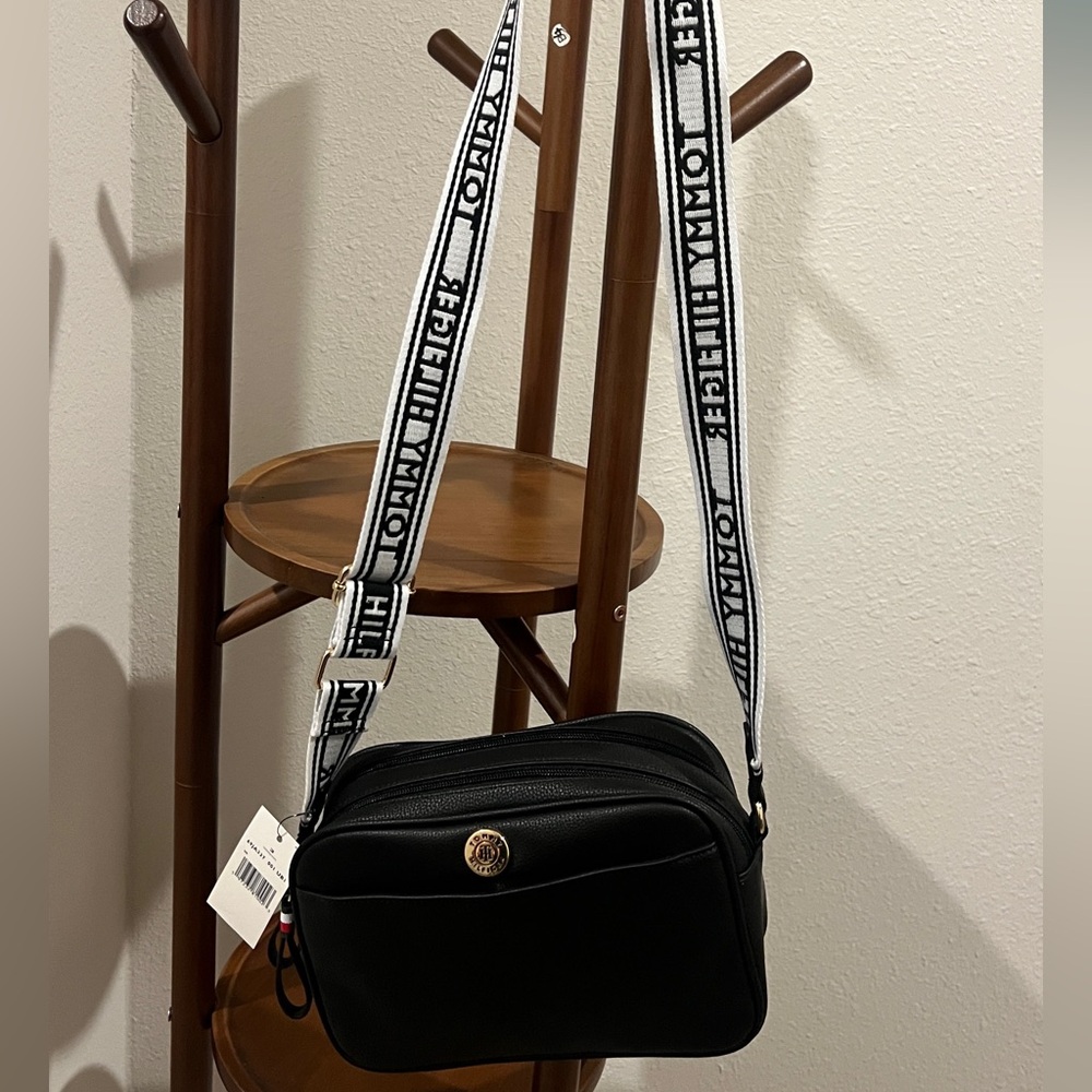 Tommy Hilfiger Black Messenger Bag with White Strap